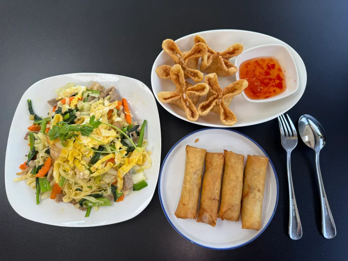 A colorful table spread of food